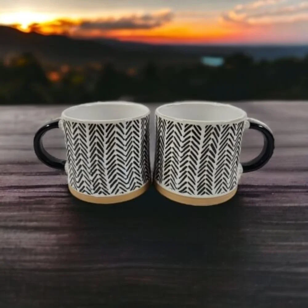 (2) Southwestern Coffee Mugs Black‎ White Chavron Tuscan Villa